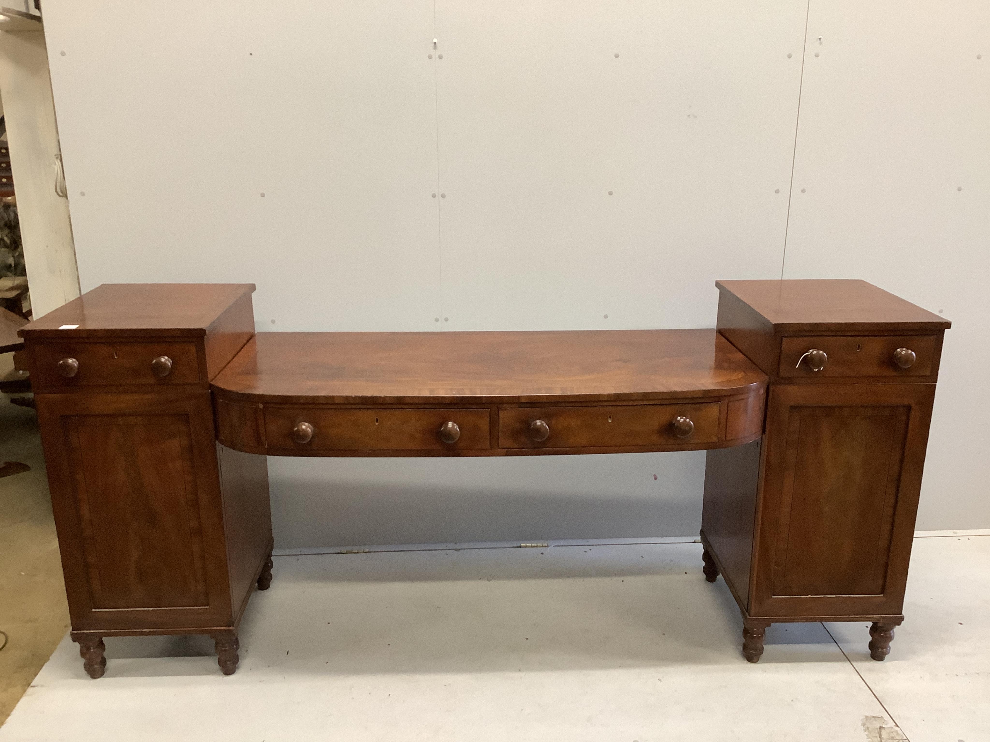 A Regency mahogany pedestal sideboard, width 244cm, depth 72cm, height 106cm. Condition - poor, will not assemble